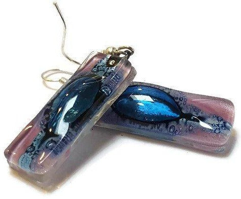 Blue and lilac Long Earrings. Different bubbles. Recycled Glass earrings. Fused glass jewelry. - Handmade Recycled Glass Jewelry 