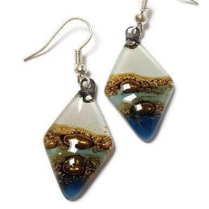Fused Glass Blue, white and Brown Diamond Shape Recycled Glass Drop Earrings.