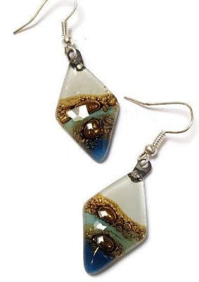 Fused Glass Blue, white and Brown Diamond Shape Recycled Glass Drop Earrings.