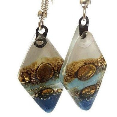 Fused Glass Blue, white and Brown Diamond Shape Recycled Glass Drop Earrings.