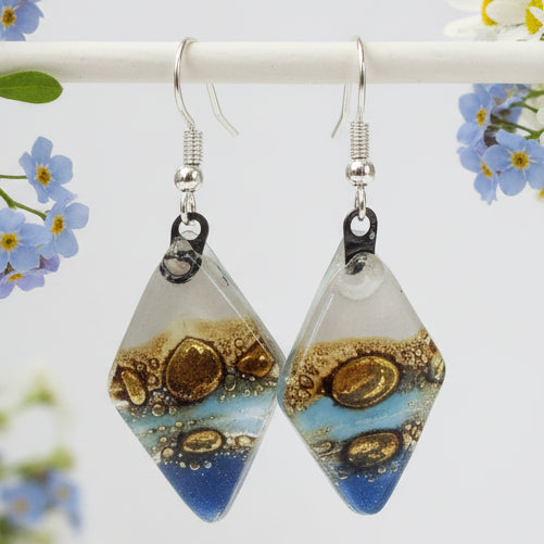 Fused Glass Blue, white and Brown Diamond Shape Recycled Glass Drop Earrings.