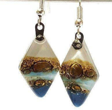 Fused Glass Blue, white and Brown Diamond Shape Recycled Glass Drop Earrings.
