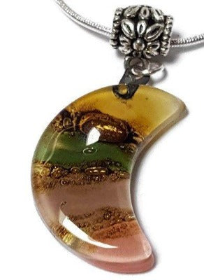 Colorful Moon Recycled Glass Pendant. Beige, taupe, pink, green and brown Small moon.
