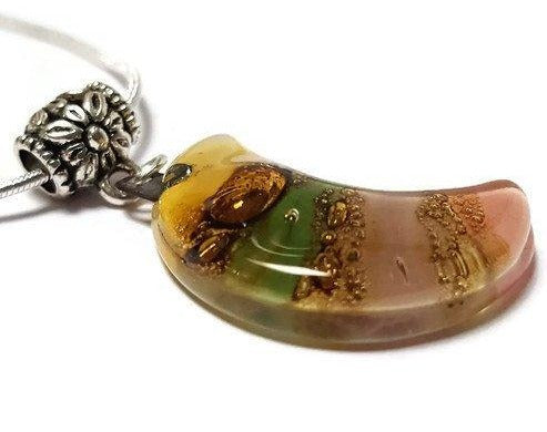 Colorful Moon Recycled Glass Pendant. Beige, taupe, pink, green and brown Small moon.