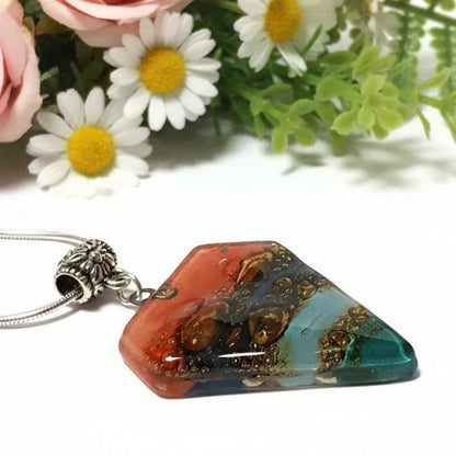 Red, Blue, teal and Brown Fused Glass Pendant. Recycled Glass Necklace - Handmade Recycled Glass Jewelry 