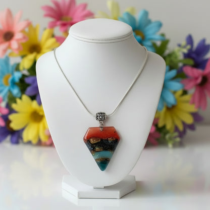 Red, Blue, teal and Brown Fused Glass Pendant. Recycled Glass Necklace - Handmade Recycled Glass Jewelry 