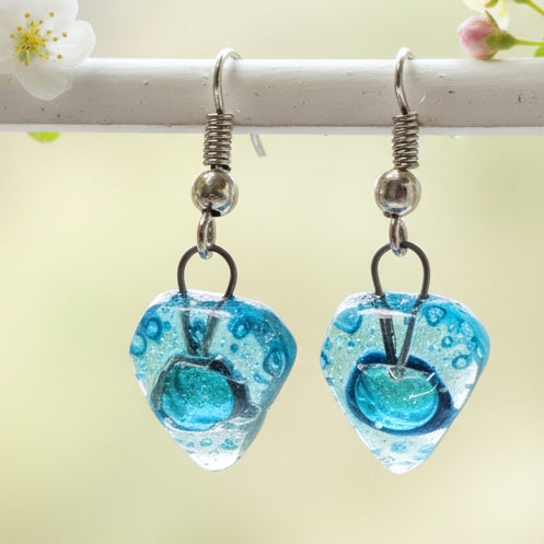 Small turquoise Earrings. Heart Shape Recycled glass Jewelry. Fused glass Pink drop Earrings. - Handmade Recycled Glass Jewelry 