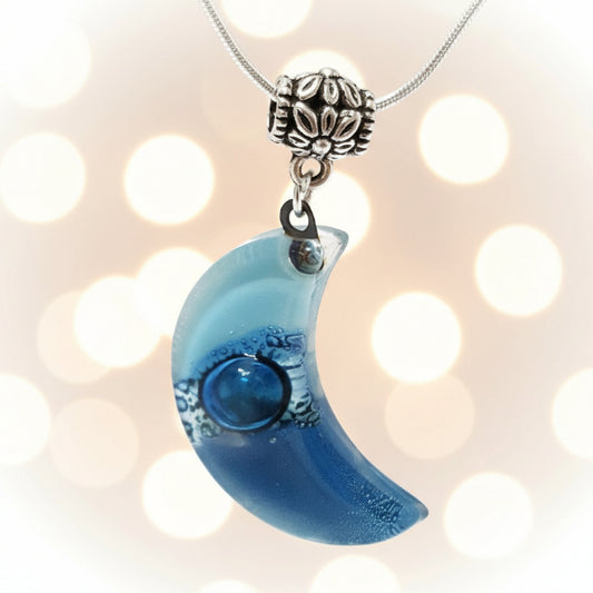 Blue Moon  Recycled Glass pendant. Fused Glass Necklace.