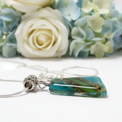 Green, teal and Brown Fused Glass small Pendant. Recycled Glass Necklace