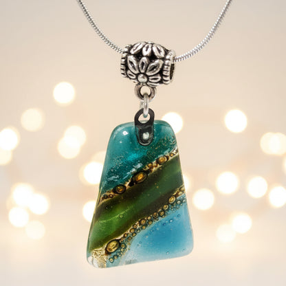 Green, teal and Brown Fused Glass small Pendant. Recycled Glass Necklace