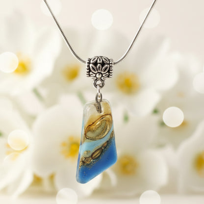 Blue. white and Brown Fused Glass small Pendant. Recycled Glass Necklace