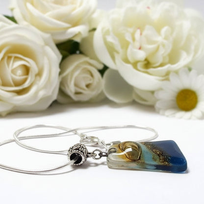 Blue. white and Brown Fused Glass small Pendant. Recycled Glass Necklace