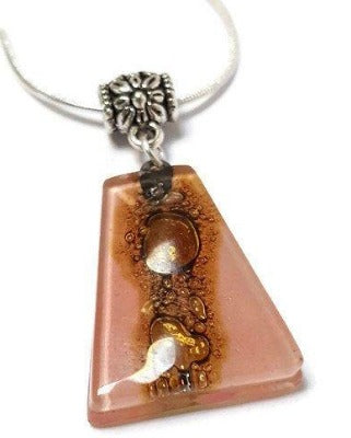 Pink and Brown Fused Glass small Pendant. Recycled Glass Necklace