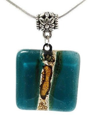 Teal and Brown Square recycled fused glass necklace. Awesome pendant. - Handmade Recycled Glass Jewelry 