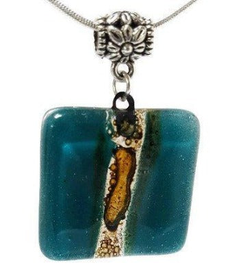 Teal and Brown Square recycled fused glass necklace. Awesome pendant. - Handmade Recycled Glass Jewelry 