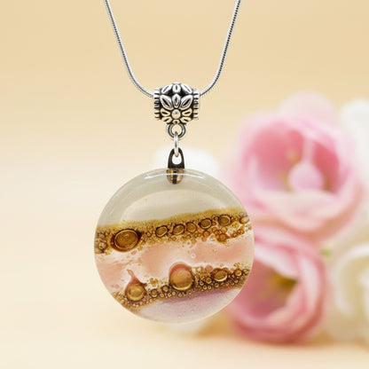 Pink, lilac, White and Brown  Round Recycled Glass Pendant