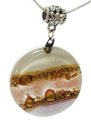 Pink, lilac, White and Brown  Round Recycled Glass Pendant