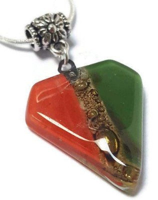 Fused Glass Pendant . Red, green and Brown Glass Necklace. Silver Plated Chain.