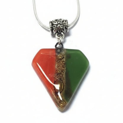 Fused Glass Pendant . Red, green and Brown Glass Necklace. Silver Plated Chain.