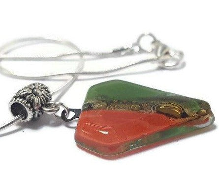 Fused Glass Pendant . Red, green and Brown Glass Necklace. Silver Plated Chain.