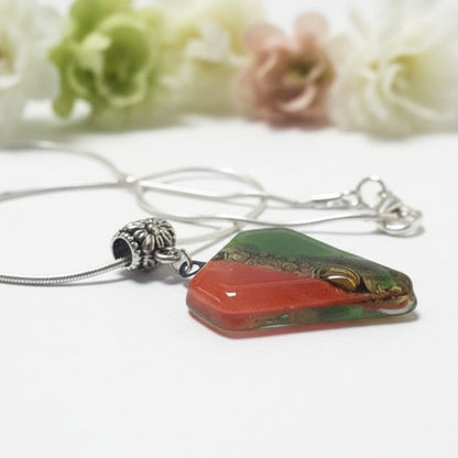 Fused Glass Pendant . Red, green and Brown Glass Necklace. Silver Plated Chain.