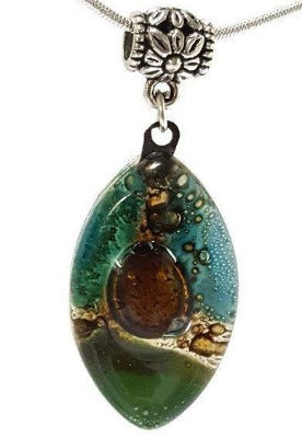 Green, teal and Brown Fused Glass leaf Pendant. Recycled Glass Necklace