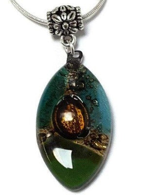 Green, teal and Brown Fused Glass leaf Pendant. Recycled Glass Necklace