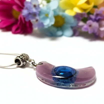 Lilac and Blue Moon shape Recycled Glass pendant. Fused Glass Necklace.