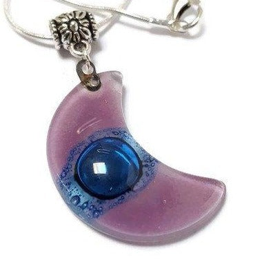 Lilac and Blue Moon shape Recycled Glass pendant. Fused Glass Necklace.
