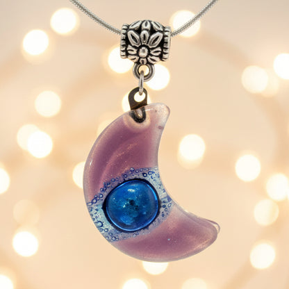 Lilac and Blue Moon shape Recycled Glass pendant. Fused Glass Necklace.
