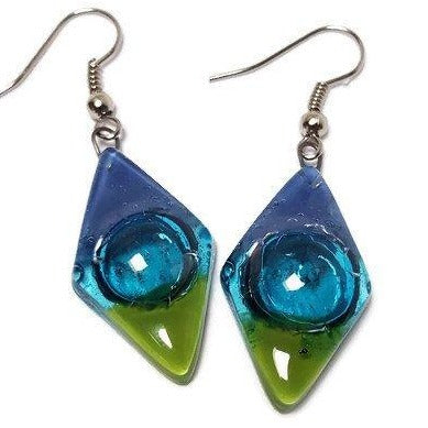 Blue green and Turquoise Glass Earrings Blue Diamond Shaped Earrings Recycled fused glass Earrings