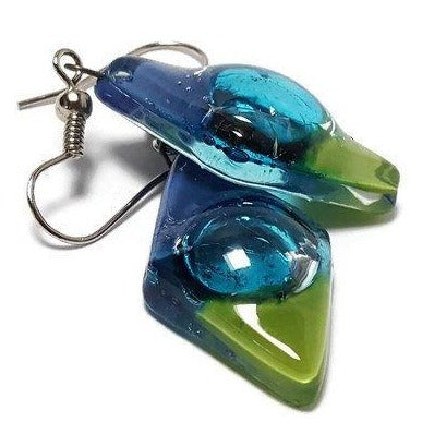 Blue green and Turquoise Glass Earrings Blue Diamond Shaped Earrings Recycled fused glass Earrings