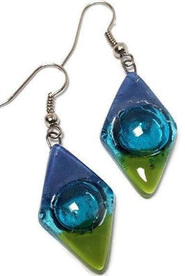 Blue green and Turquoise Glass Earrings Blue Diamond Shaped Earrings Recycled fused glass Earrings