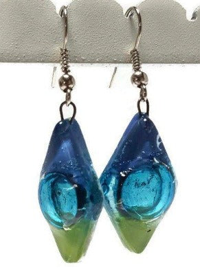 Blue green and Turquoise Glass Earrings Blue Diamond Shaped Earrings Recycled fused glass Earrings
