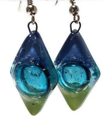 Blue green and Turquoise Glass Earrings Blue Diamond Shaped Earrings Recycled fused glass Earrings