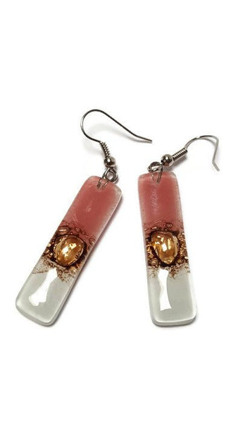 White pink and brown bars... Lots of  bubbles. Recycled Fused Glass Dangling earrings