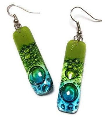 Green and Turquoise fused glass earrings. Recycled glass long drop earrings- Dangle Earrings