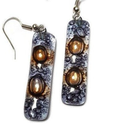 Clear lilac and Brown bars... Lots of  bubbles. Recycled Fused Glass Dangling earrings