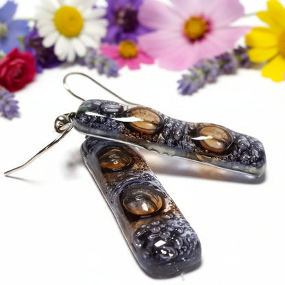 Clear lilac and Brown bars... Lots of  bubbles. Recycled Fused Glass Dangling earrings