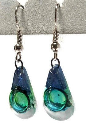 Fused Glass small Teardrop earrings. Blue white green Drop earrings
