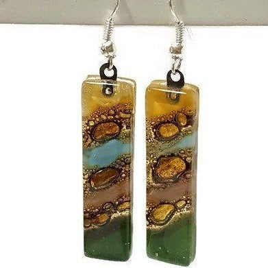Long Multicolored Earrings Blue, Green, yellow, taupe and brown Fused Glass