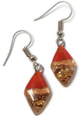 Small Diamond Shaped Red, Copper and brown Recycled Fused Glass Earrings