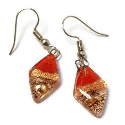 Small Diamond Shaped Red, Copper and brown Recycled Fused Glass Earrings