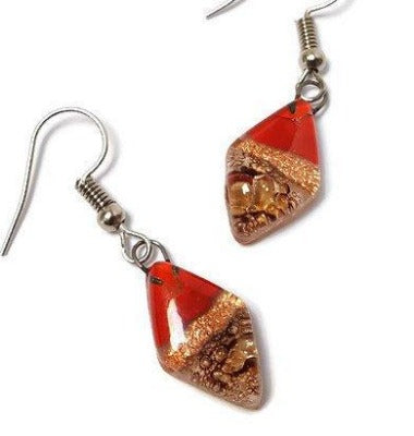 Small Diamond Shaped Red, Copper and brown Recycled Fused Glass Earrings