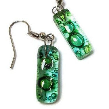 Small Rectangular Green recycled Glass Earrings. Fused Glass Jewelry - Handmade Recycled Glass Jewelry 