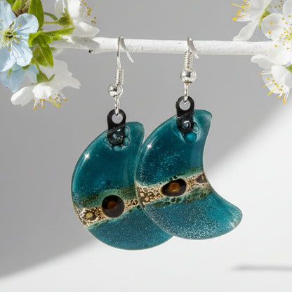 Teal and Brown Moon Earrings Recycled Glass Drop Earrings. Glass Jewelry