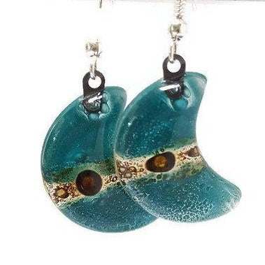 Teal and Brown Moon Earrings Recycled Glass Drop Earrings. Glass Jewelry