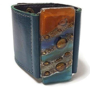 Wide Leather Cuff. Dark green Leather Bracelet. Terracotta, teal  brown and blue cuff