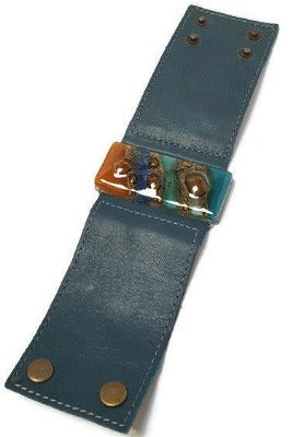 Wide Leather Cuff. Dark green Leather Bracelet. Terracotta, teal  brown and blue cuff