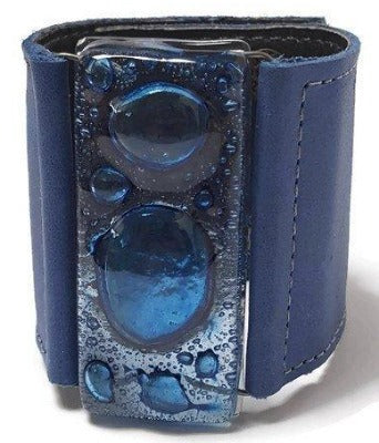 Wide Leather Cuff. Blue Leather Bracelet. Recycled glass Bracelet. Blue Cuff